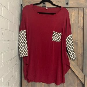 Auditions Burgundy blouse with checker accents